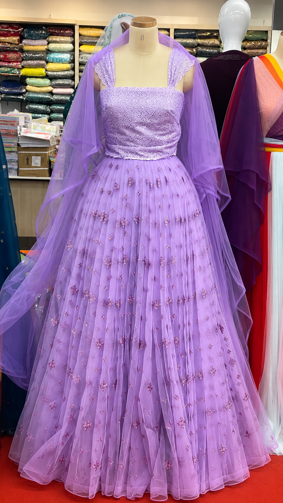 Lavender Embroidered Net Lehenga Set