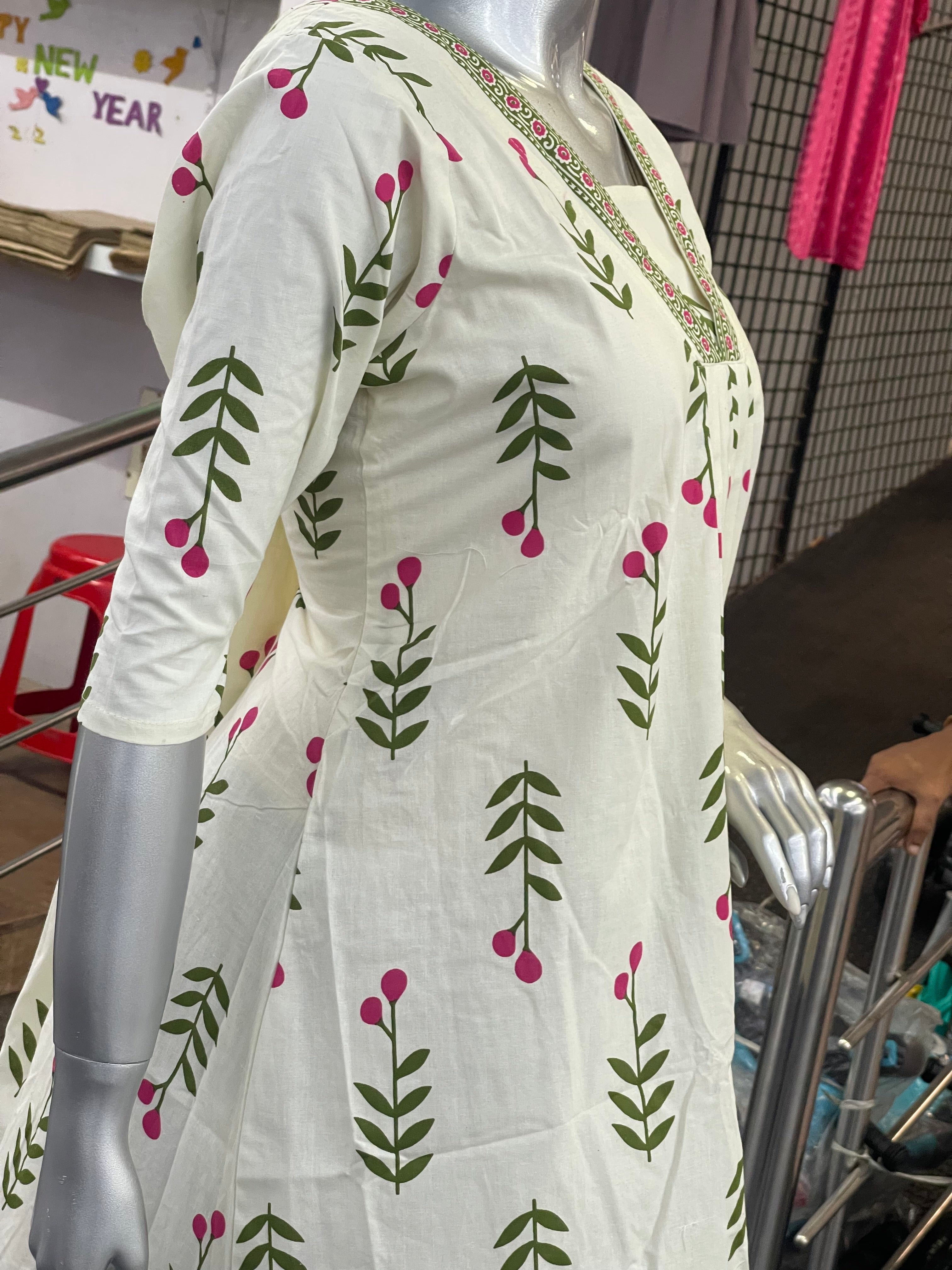 Ivory Floral Printed Cotton Kurti